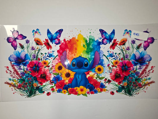 Stitch Rainbow Floral Butterfly Tumbler Wrap - Vibrant Watercolor Design