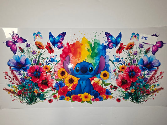 Stitch Floral Butterfly Tumbler Wrap - Vibrant Rainbow Watercolor Design