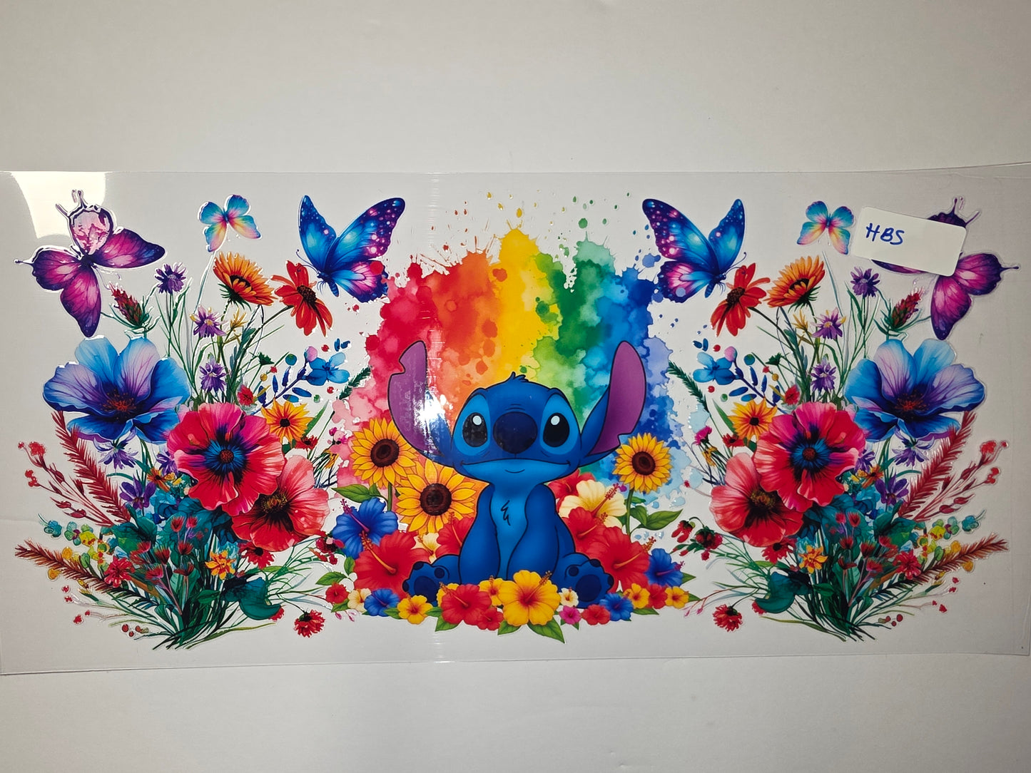 Stitch Rainbow Watercolor Floral Butterfly Tumbler Wrap | Cute Character Drinkware Design