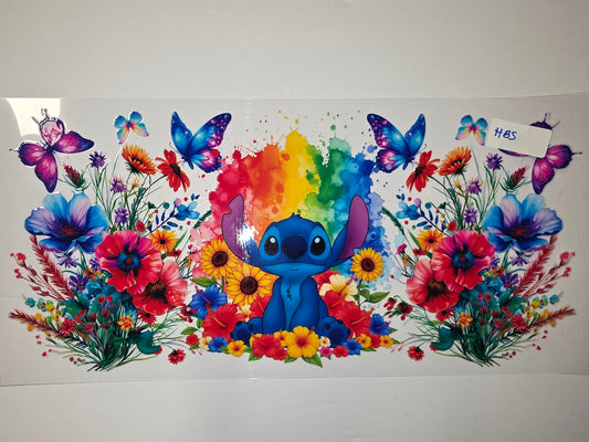Stitch Rainbow Watercolor Floral Butterfly Tumbler Wrap | Cute Character Drinkware Design