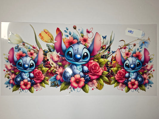 Cute Stitch Floral Tumbler Wrap - Blue Character with Pink & Coral Flowers
