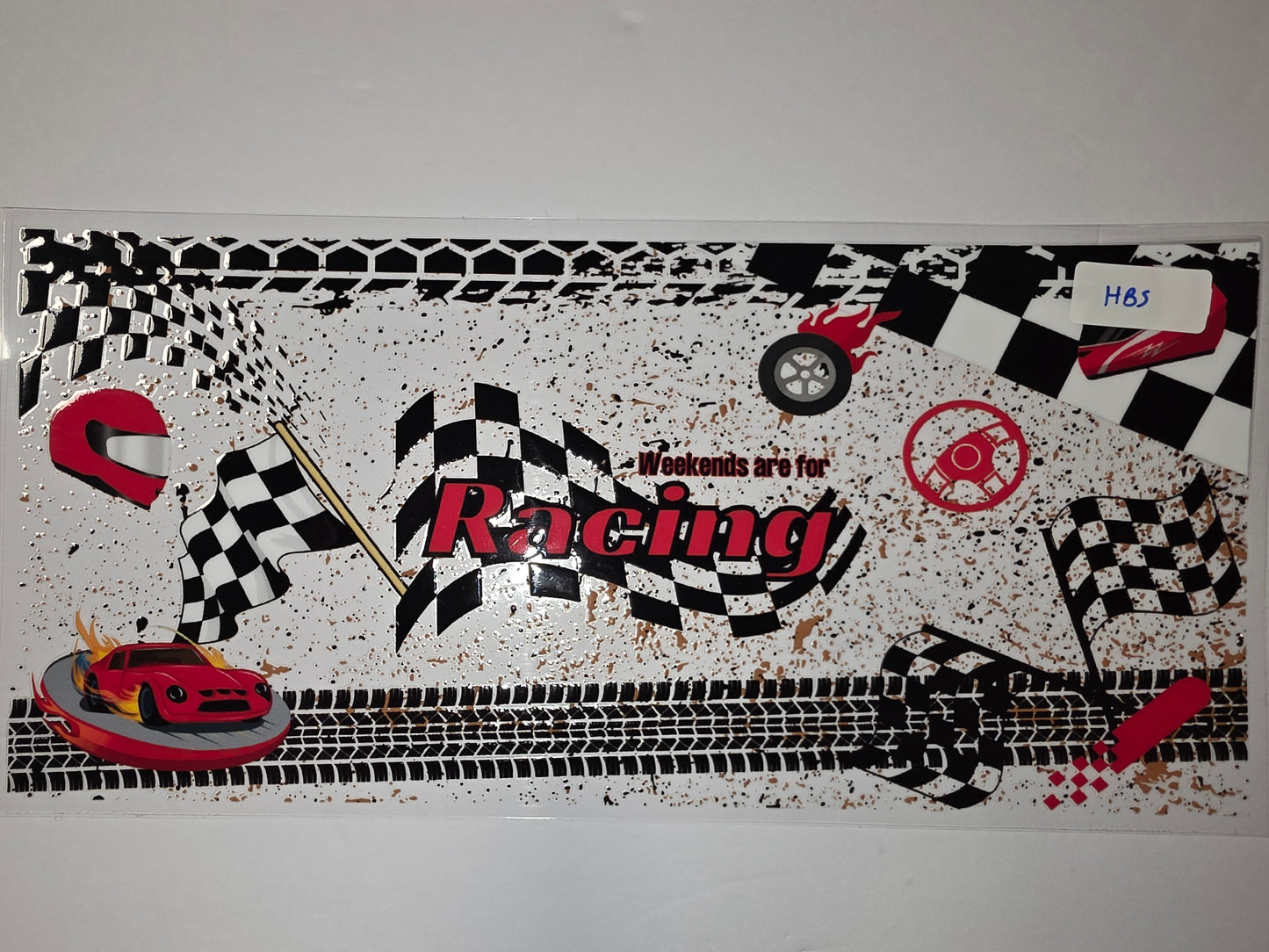 Racing Theme Tumbler Wrap - Red Car, Checkered Flags, Tire Tracks - Sublimation Design