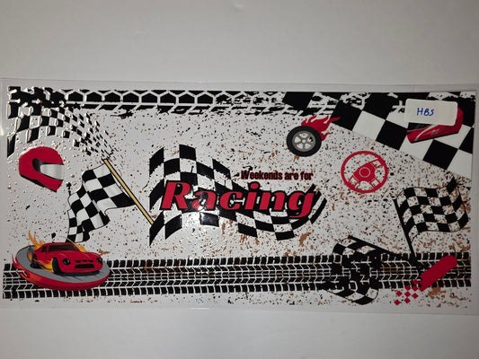 Racing Theme Tumbler Wrap - Red Car, Checkered Flags, Tire Tracks - Sublimation Design
