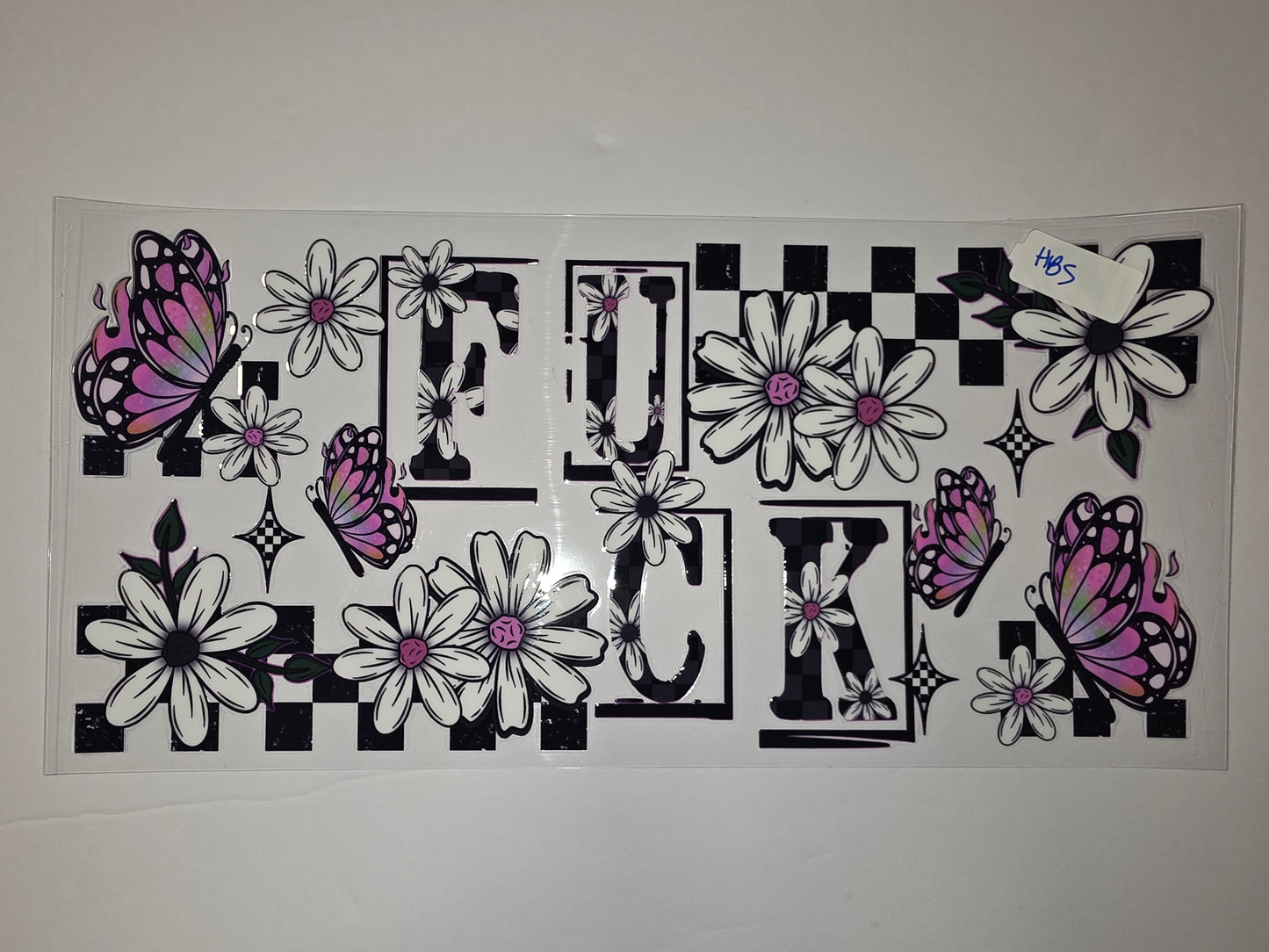 Retro Daisy Butterfly Tumbler Wrap - Black & White Checkerboard Floral Design