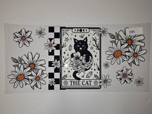 Black Cat Daisy Tarot Tumbler Wrap | Celestial Moon & Stars Design | Boho Witchy Drinkware