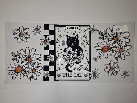 Black Cat Tarot Daisy Tumbler Wrap | Celestial Witchy Floral Drinkware Design
