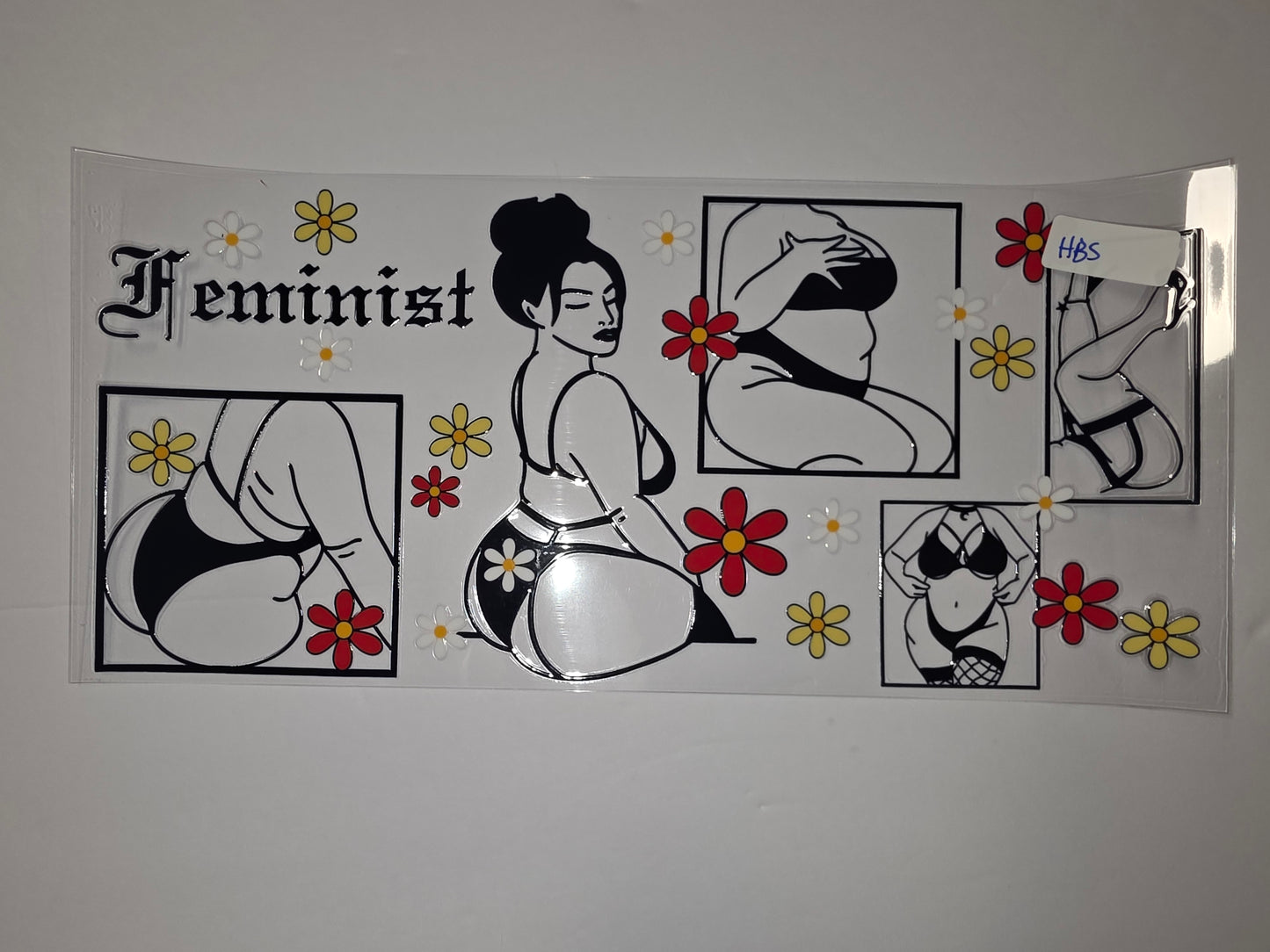 Feminist Body Positive Tumbler Wrap with Daisies - Black & White Line Art