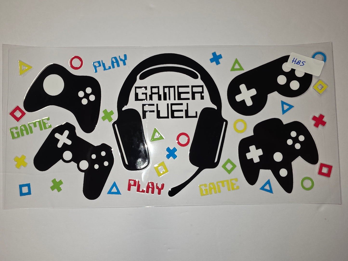 Gamer Fuel Tumbler Wrap - Black Controllers, Play & Game Text, Colorful Shapes
