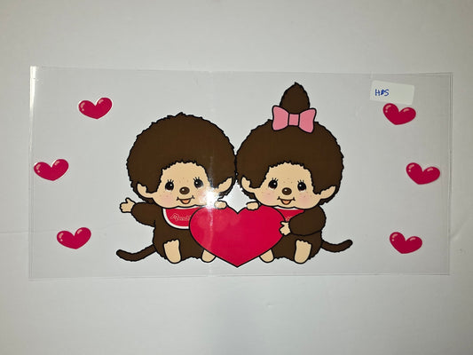 Cute Monchhichi Couple Holding Heart Tumbler Wrap | Pink Bow & Red Hearts Design
