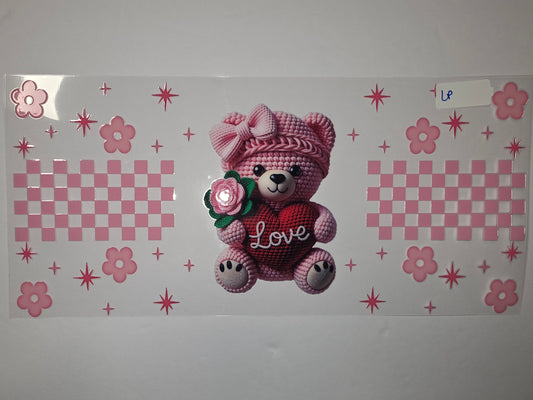 Pink Crochet Teddy Bear "Love" Heart Tumbler Wrap - Cute Floral & Checkerboard Design