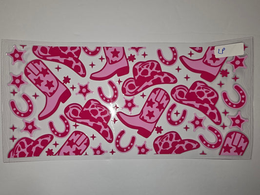 Pink Cowgirl Boots & Hats Tumbler Wrap - Western Stars & Horseshoes Design