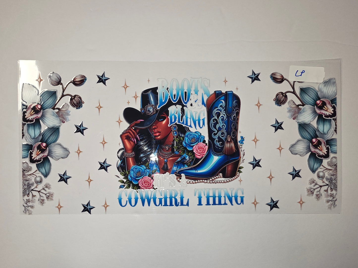 Cowgirl Boots & Blossoms Tumbler Wrap | Blue & Pink Floral Stars Design