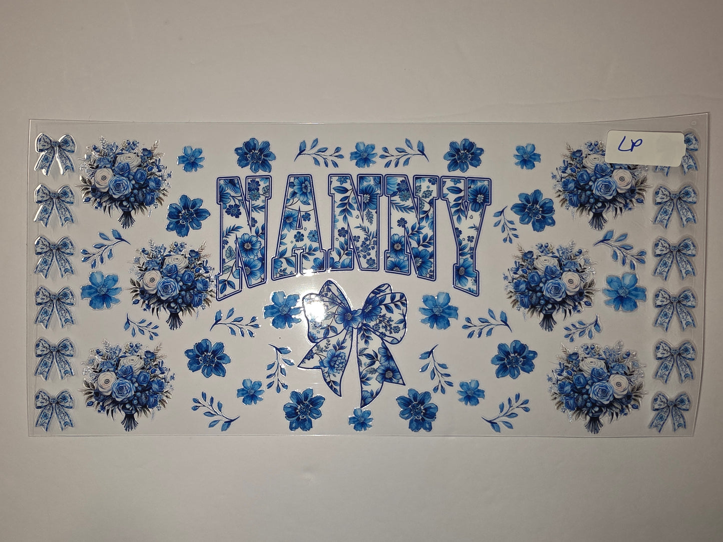 Nanny Blue Floral Tumbler Wrap | Vintage Flowers & Bows Sublimation Design