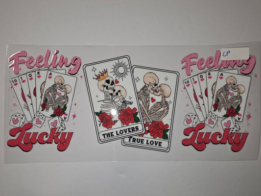 Skeleton Lovers Tarot Card Tumbler Wrap | Pink "Feeling Lucky" Design | Gothic Romance Drinkware