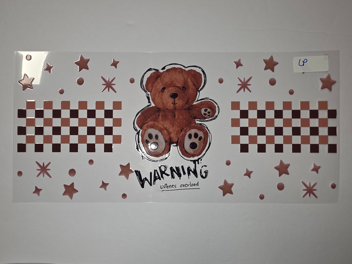 Cute Teddy Bear "Cutness Overload" Tumbler Wrap - Rose Gold Stars & Checkers