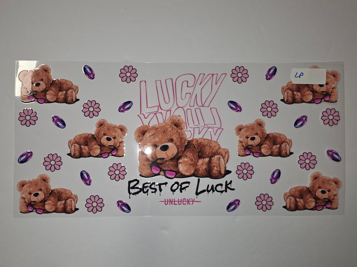 Cute Teddy Bear Tumbler Wrap - Pink Flowers, Purple Gems, "Best of Luck" Design