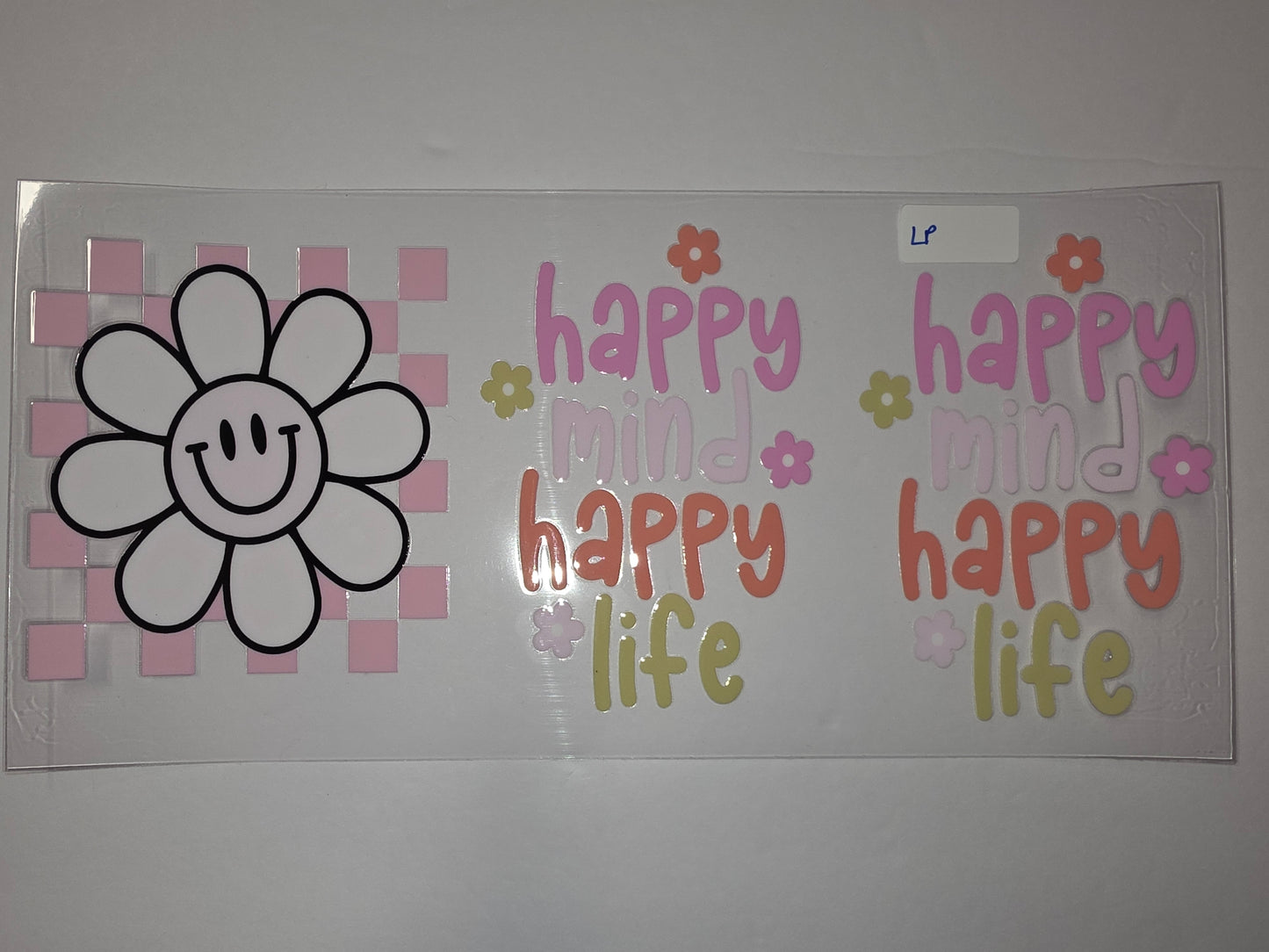Retro Smiley Flower & "Happy Mind Happy Life" Tumbler Wrap - Pink Checkerboard & Groovy Font