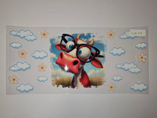 Whimsical Cow with Glasses Tumbler Wrap | Cute Farm Animal & Clouds Design