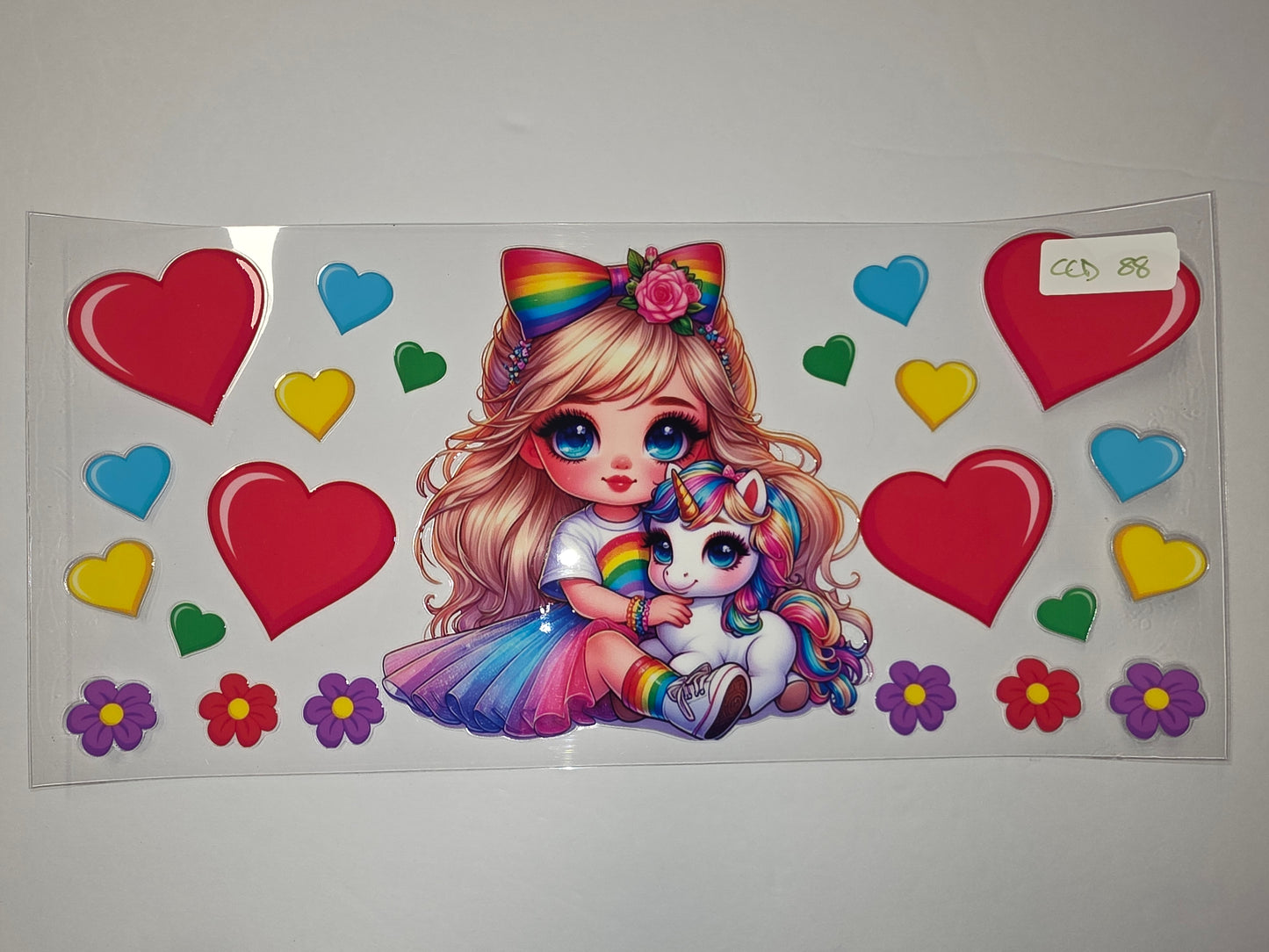 Cute Girl & Unicorn Rainbow Tumbler Wrap | Hearts, Flowers, Kawaii Drinkware Decal