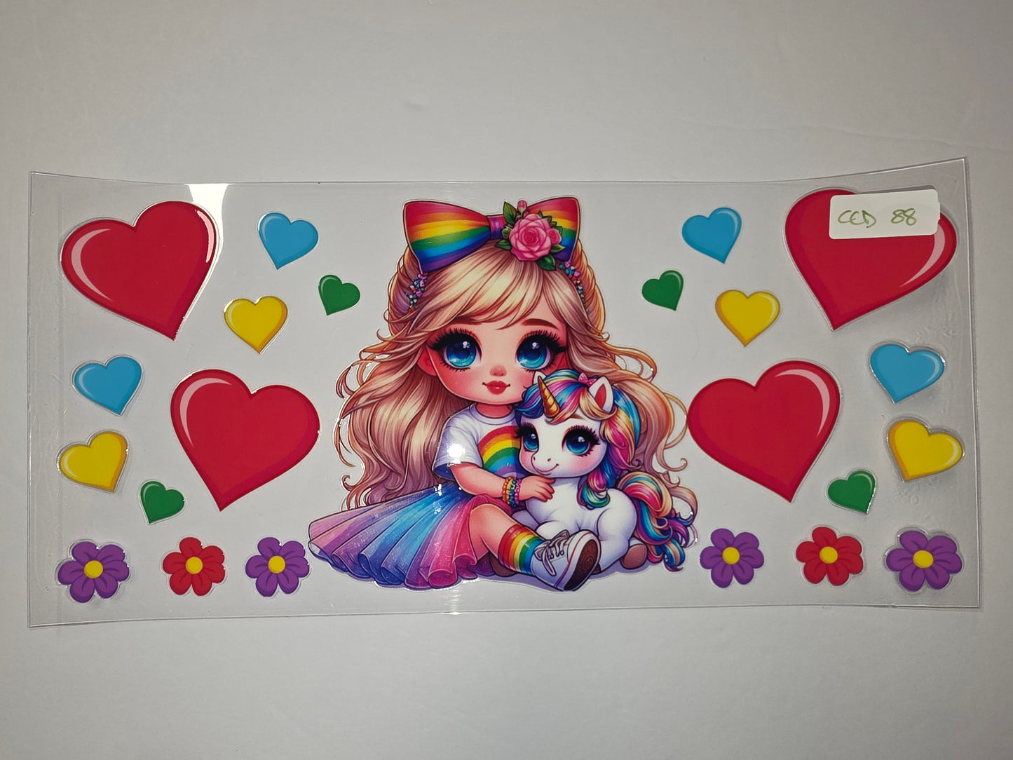 Cute Girl & Unicorn Rainbow Tumbler Wrap | Hearts, Flowers, Kawaii Drinkware Design