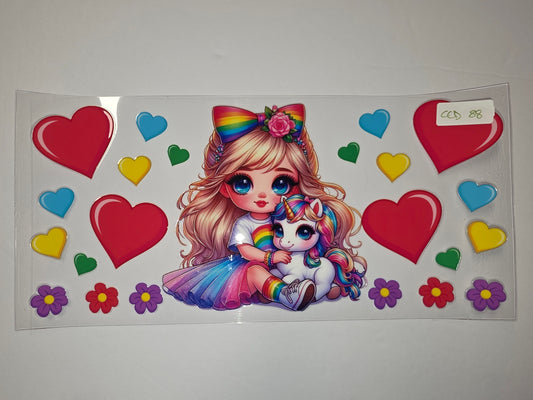 Cute Girl & Unicorn Rainbow Tumbler Wrap | Hearts, Flowers, Kawaii Drinkware Design