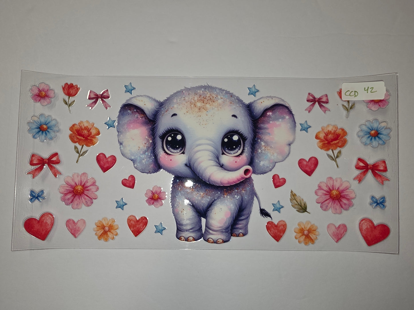 Cute Glitter Elephant Tumbler Wrap | Watercolor Flowers, Hearts & Stars | Kids Drinkware Design