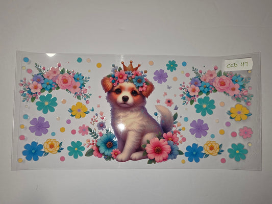 Cute Puppy with Crown and Flowers Tumbler Wrap - Pink, Blue, Yellow Floral Design