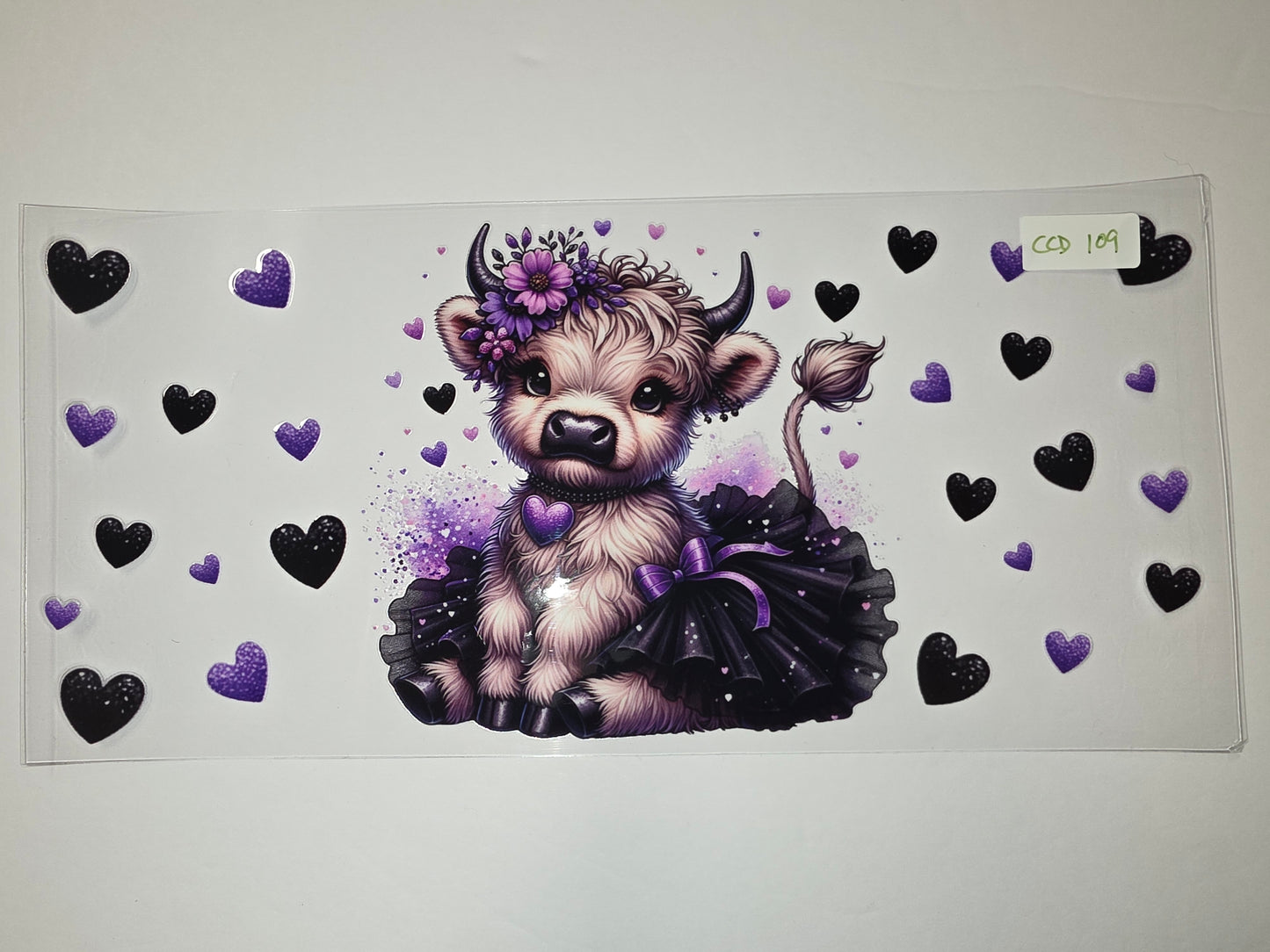 Cute Highland Cow Tumbler Wrap | Purple Hearts & Black Tutu Design | Sublimation Cup Art
