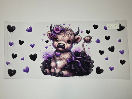 Cute Highland Cow Tumbler Wrap with Purple Hearts & Floral Crown - Sublimation Design