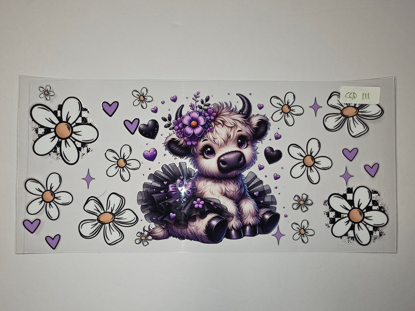 Cute Highland Cow Tumbler Wrap with Purple Flowers & Daisies | Sublimation Design