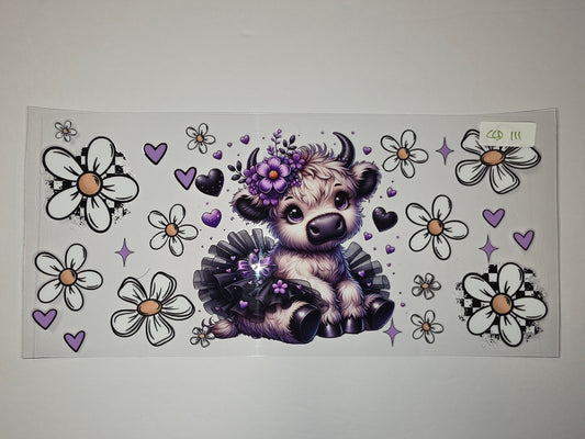 Cute Highland Cow Tumbler Wrap with Purple Flowers & Daisies | Sublimation Design