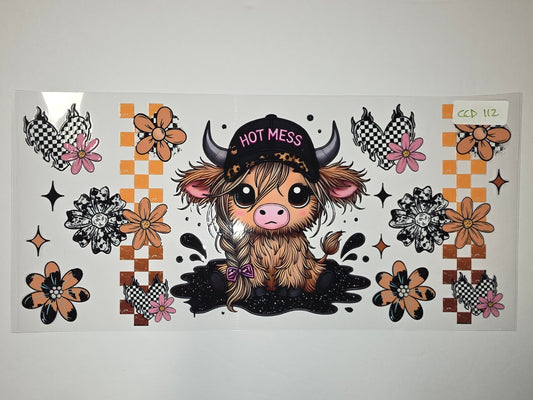 Cute Highland Cow "Hot Mess" Tumbler Wrap | Pink Flowers, Checkered Pattern, Orange Accents