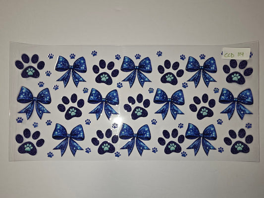 Sparkling Blue Paw Print & Bow Tumbler Wrap | Dog Lover Drinkware Design