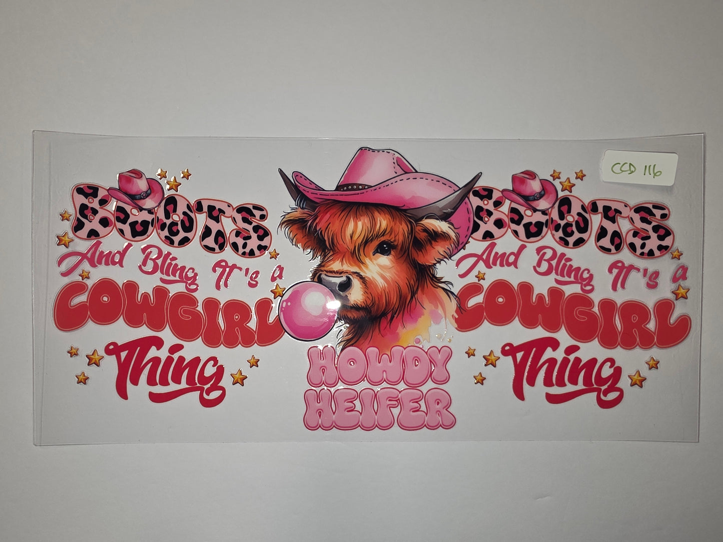 Cute Highland Cow "Boots & Bling It's a Cowgirl Thing" Tumbler Wrap - Pink Cowboy Hat & Bubblegum