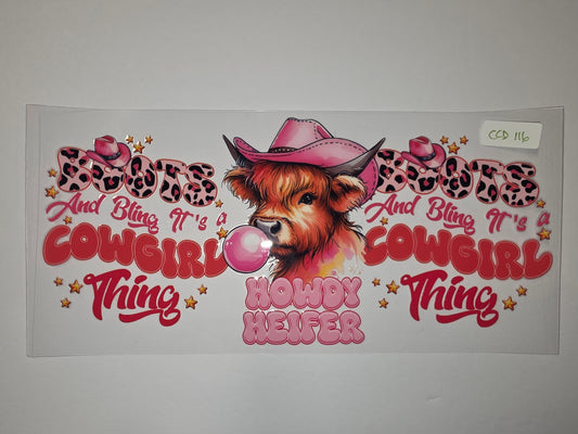 Cute Highland Cow "Boots & Bling It's a Cowgirl Thing" Tumbler Wrap - Pink Cowboy Hat & Bubblegum