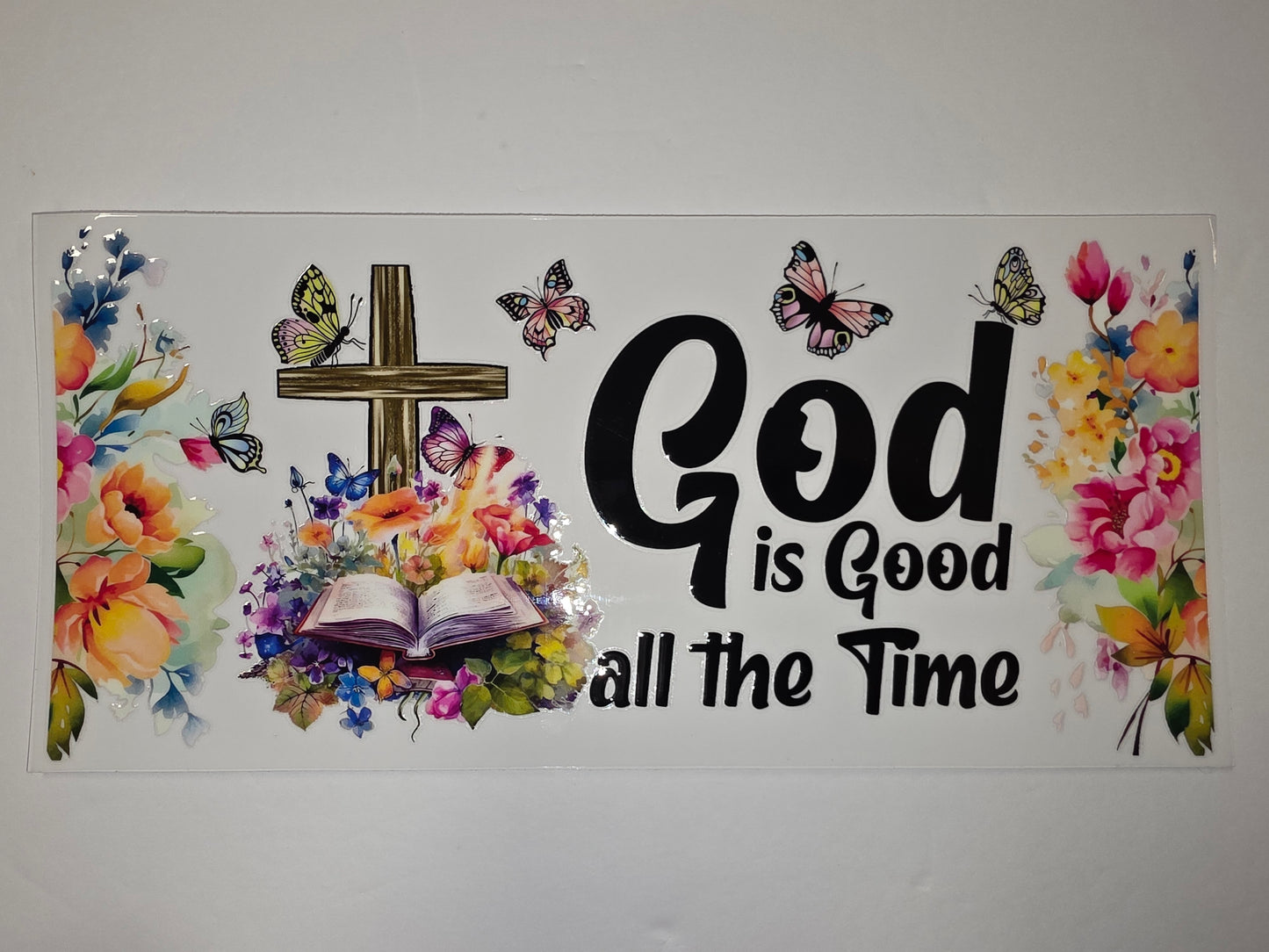 God is Good Tumbler Wrap | Floral Cross & Butterfly Design | Christian Drinkware