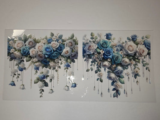 Blue & White Rose Floral Tumbler Wrap | Elegant Drip Design | Sublimation Cup Art