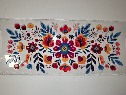 Vibrant Folk Floral Tumbler Wrap | Red, Orange, Blue, Pink Flowers & Leaves Design