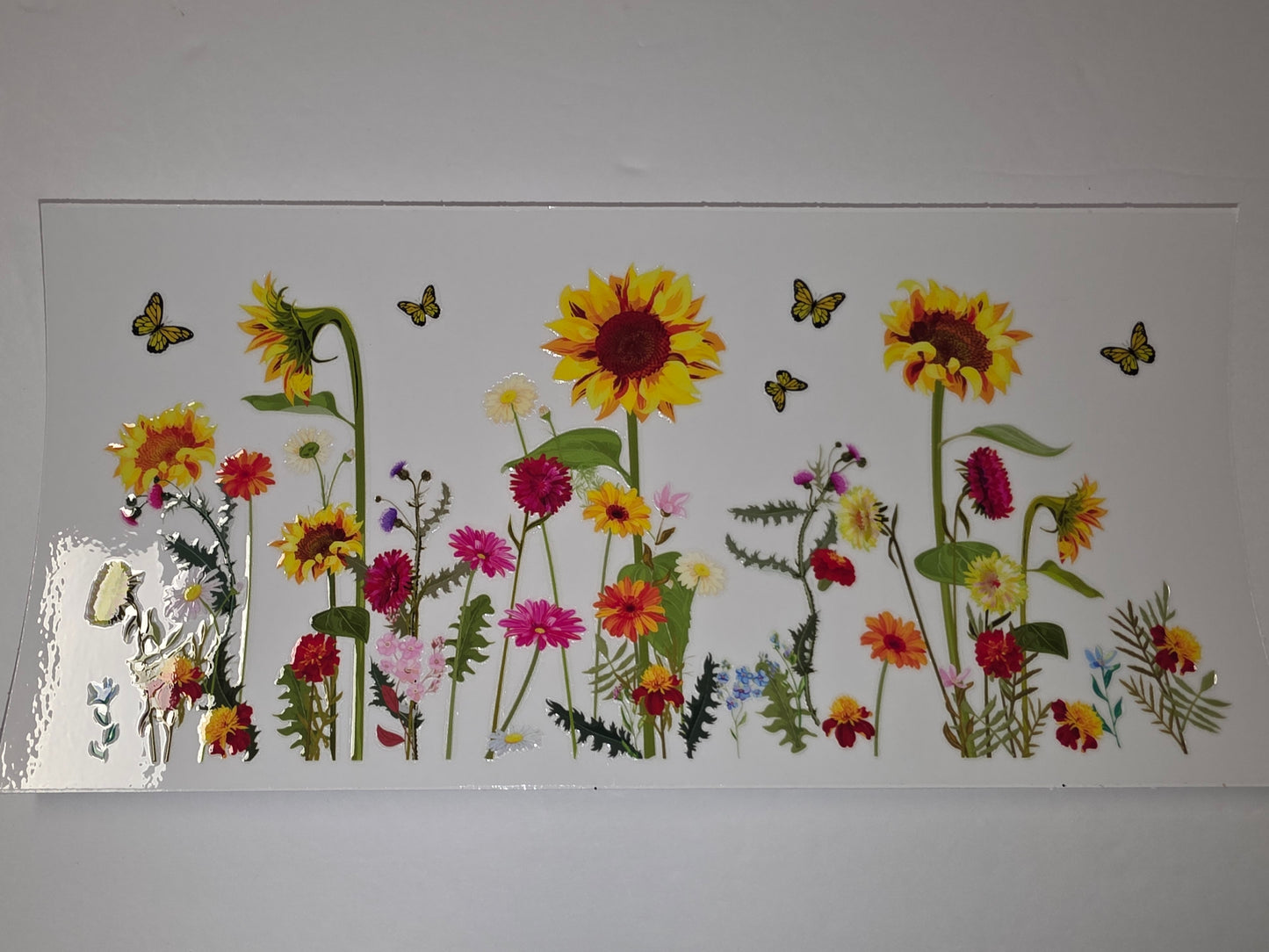 Vibrant Sunflower & Wildflower Tumbler Wrap | Butterfly Garden Design | Yellow, Orange, Pink