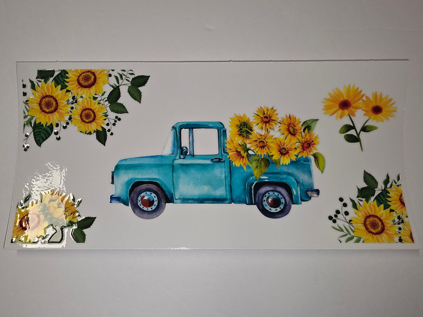 Teal Truck Sunflower Tumbler Wrap - Farmhouse Floral Drinkware Design