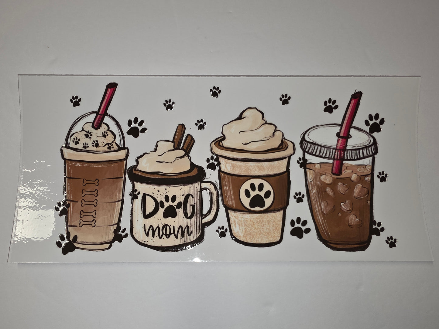 Cute Dog Mom Coffee & Paw Print Tumbler Wrap | Brown & Cream Drink Design