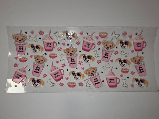 Cute Dog Mom & Dad Tumbler Wrap - Pink Coffee Cups, Pups, Bones & Hearts