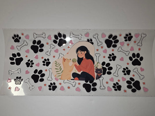 Cute Girl Dog Cat Paw Print Tumbler Wrap | Pink Hearts & Bones Design