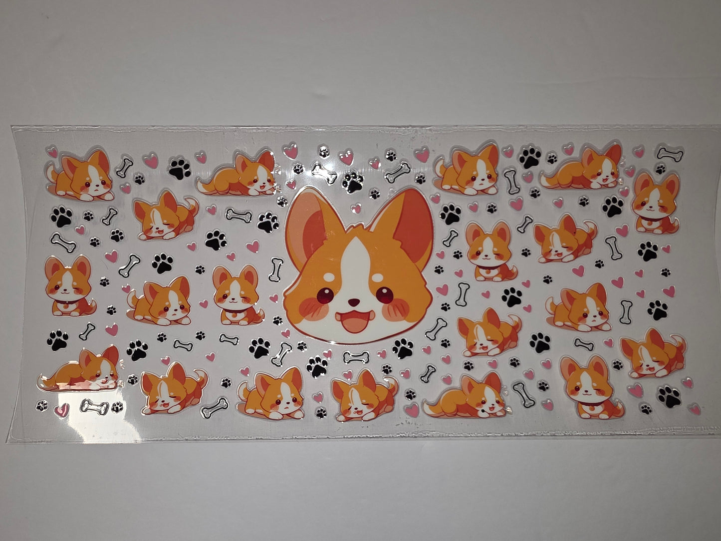 Kawaii Corgi Dog Tumbler Wrap - Cute Orange & White Puppy Design with Paw Prints & Bones
