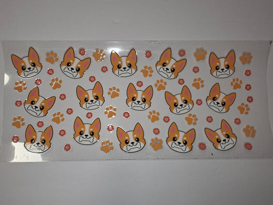 Cute Corgi Dog Face & Paw Print Tumbler Wrap | Orange, White & Pink Dog Lover Design