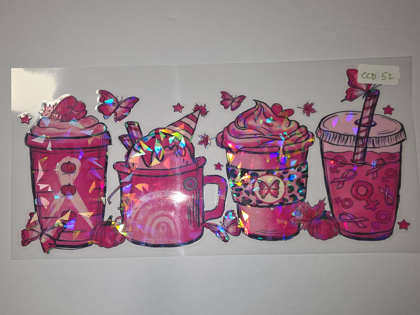 Pink Butterfly & Pumpkin Drink Tumbler Wrap | Holographic Coffee Cup Design | Breast Cancer Awareness