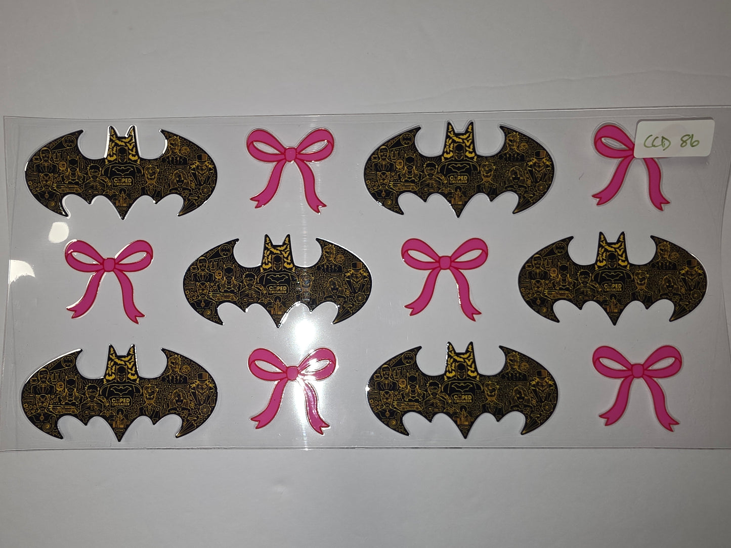 Batman Comic Collage Bat-Signal Tumbler Wrap with Pink Bows - Black & Gold Design