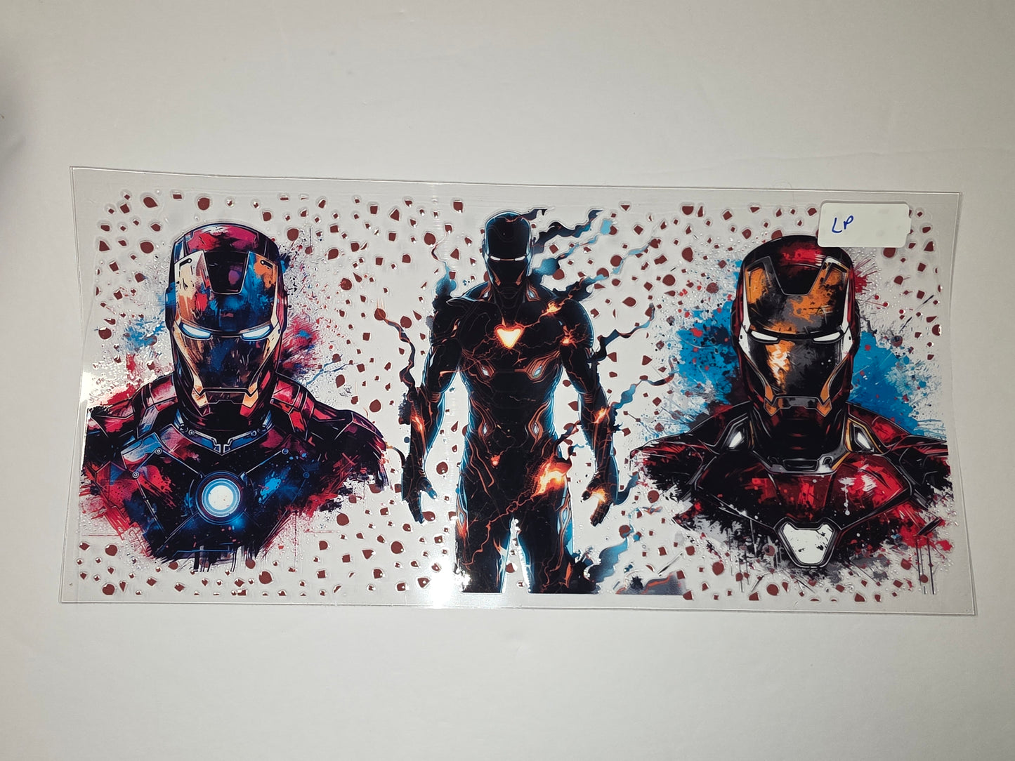 Iron Man Tumbler Wrap - Dynamic Superhero Design with Red, Blue, and Black Splatter
