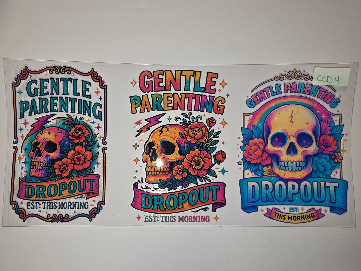 Retro Skull "Gentle Parenting Dropout" Tumbler Wrap | Vibrant Floral & Rainbow Design