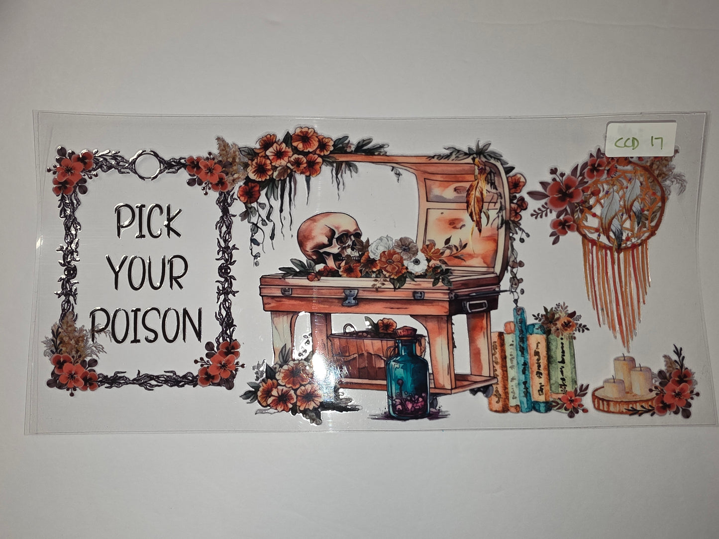 Gothic Skull & Flowers "Pick Your Poison" Tumbler Wrap | Spooky Boho Drinkware Design